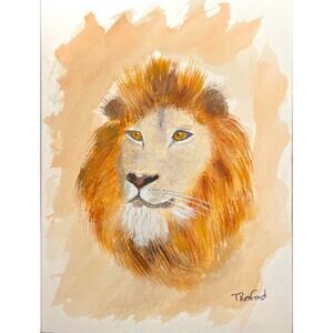 Hand painted watercolor original painting majestic lion with mane